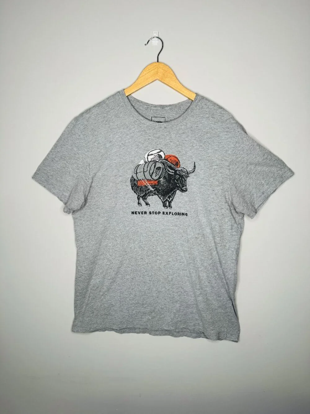 The North Face Graphic Tee Mens XL Grey Yak Front Graphic Never Stop Exploring